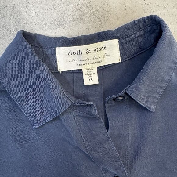 Anthropologie Cloth & Stone Frayed Ruffle Button Down Shirt - Navy - Women's XS - Picture 3 of 9